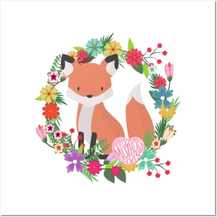 Happy Mother's Day Fox in a Wreath of Flowers Cute Mother gift Posters and Art